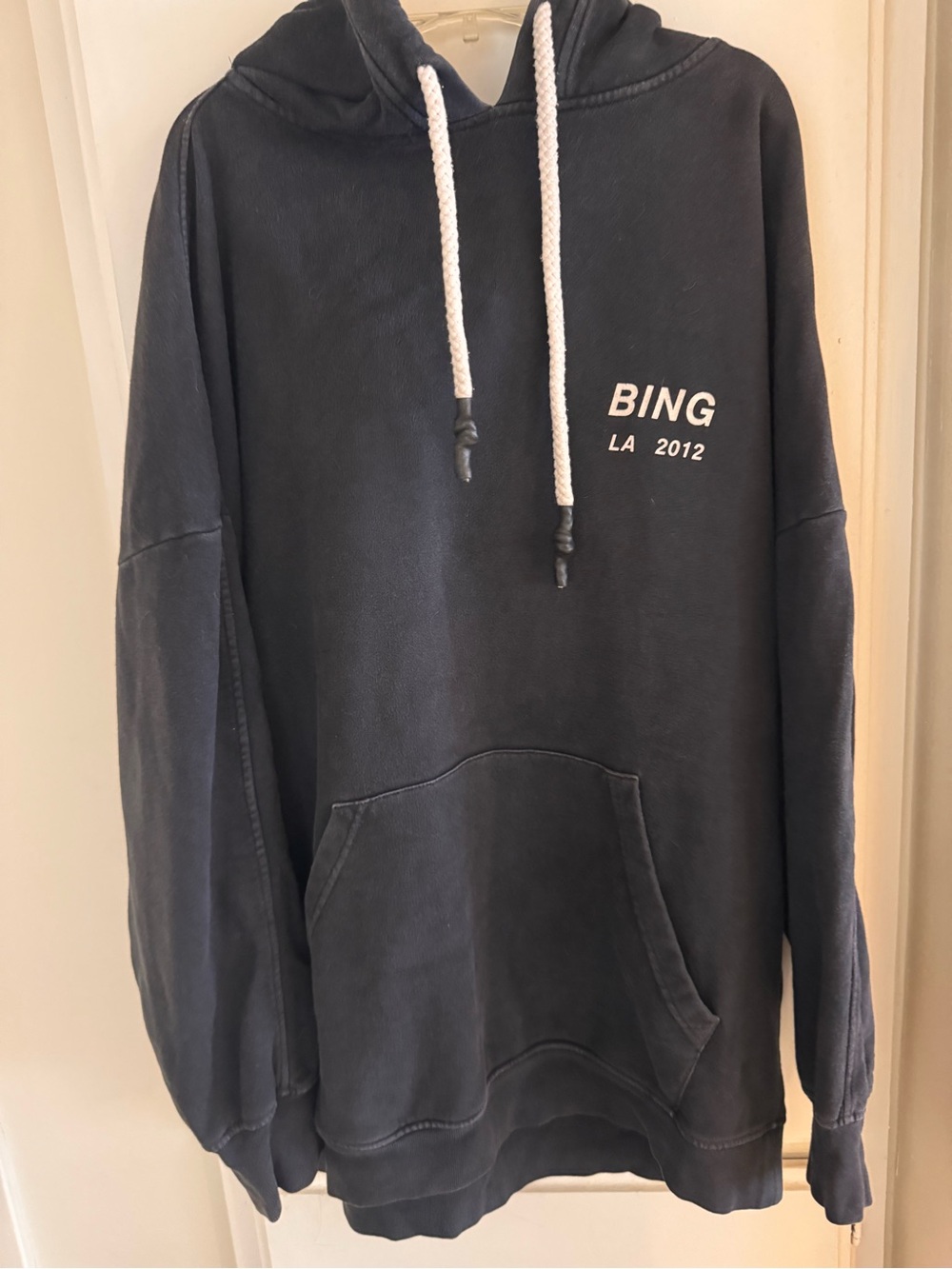 Ing Black Pullover Hoodie with White Drawstrings